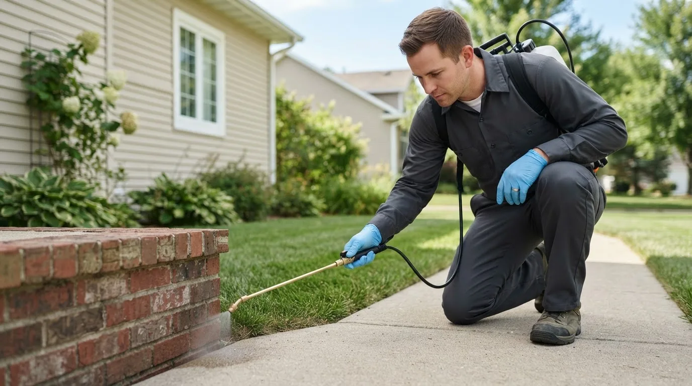 Pest control technician treating a home near Hartford City, IN